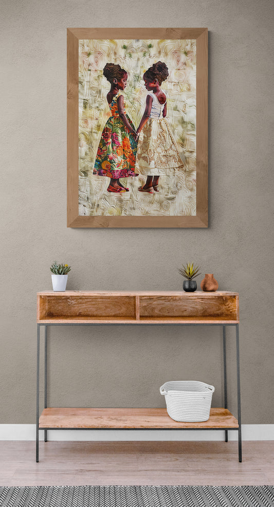 Sisterly Ties: Quilt-Inspired Matte Paper Poster in Bisa Butler Style