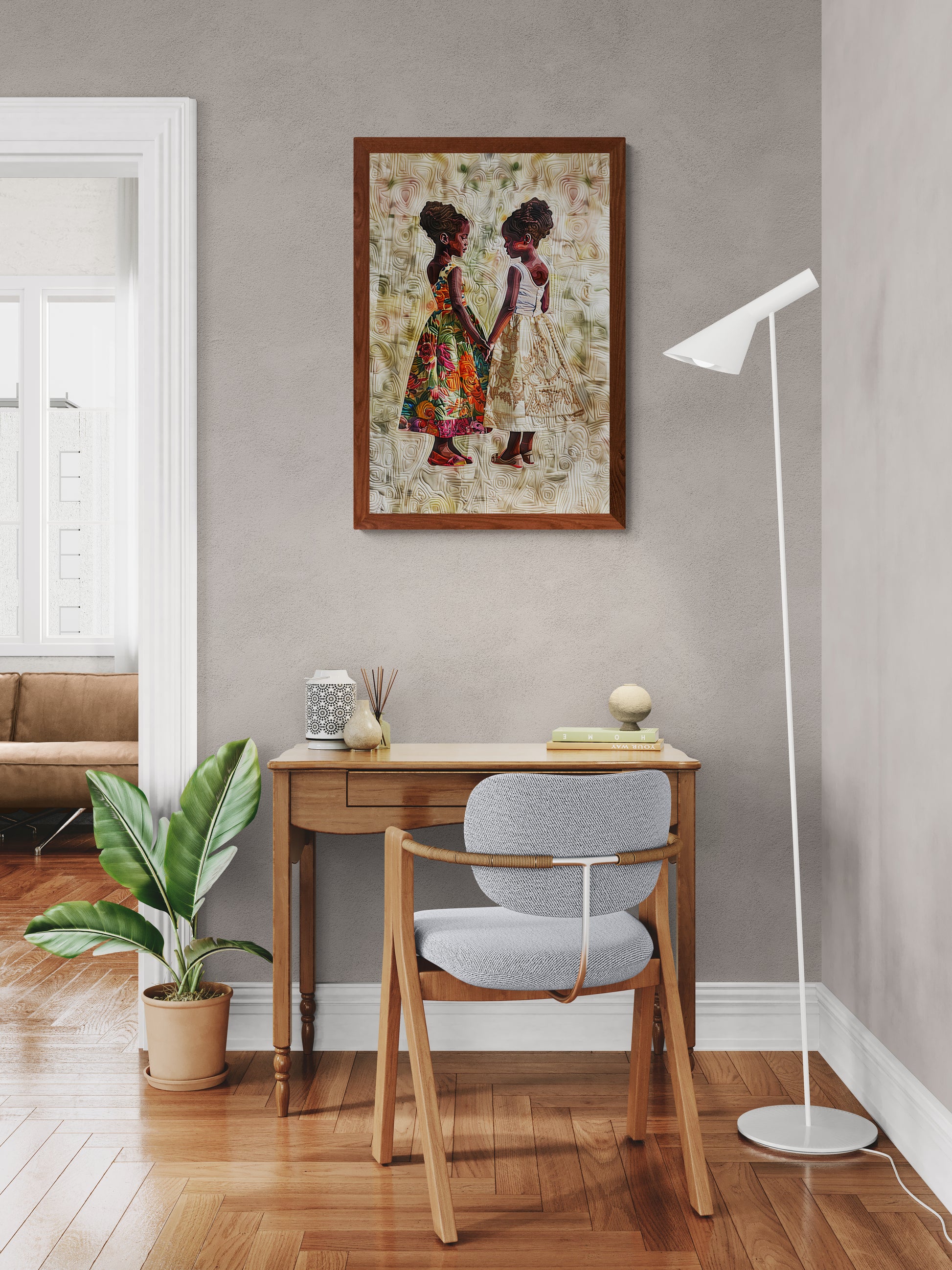 Sisterly Ties: Quilt-Inspired Matte Paper Poster in Bisa Butler Style