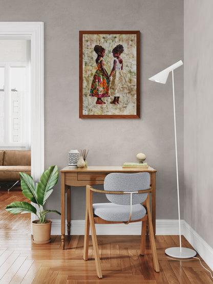 Sisterly Ties: Quilt-Inspired Matte Paper Poster in Bisa Butler Style