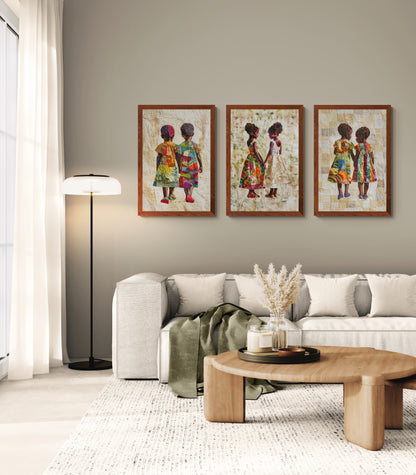 Sisterly Ties: Quilt-Inspired Matte Paper Poster in Bisa Butler Style
