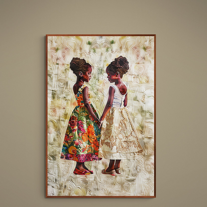 Quilt-inspired portrait poster of two girls holding hands in floral patterned dresses on a warm beige background