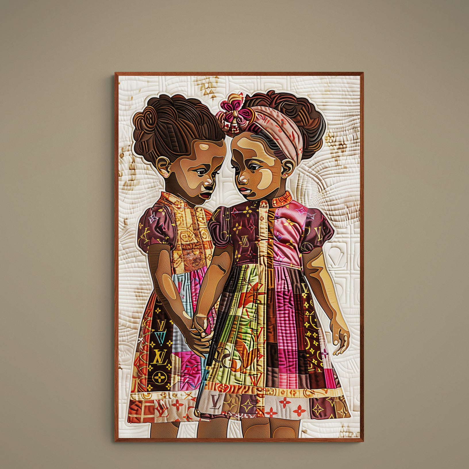 Two girls holding hands in an Afrocentric quilt-style matte paper poster with multicolor patchwork patterns