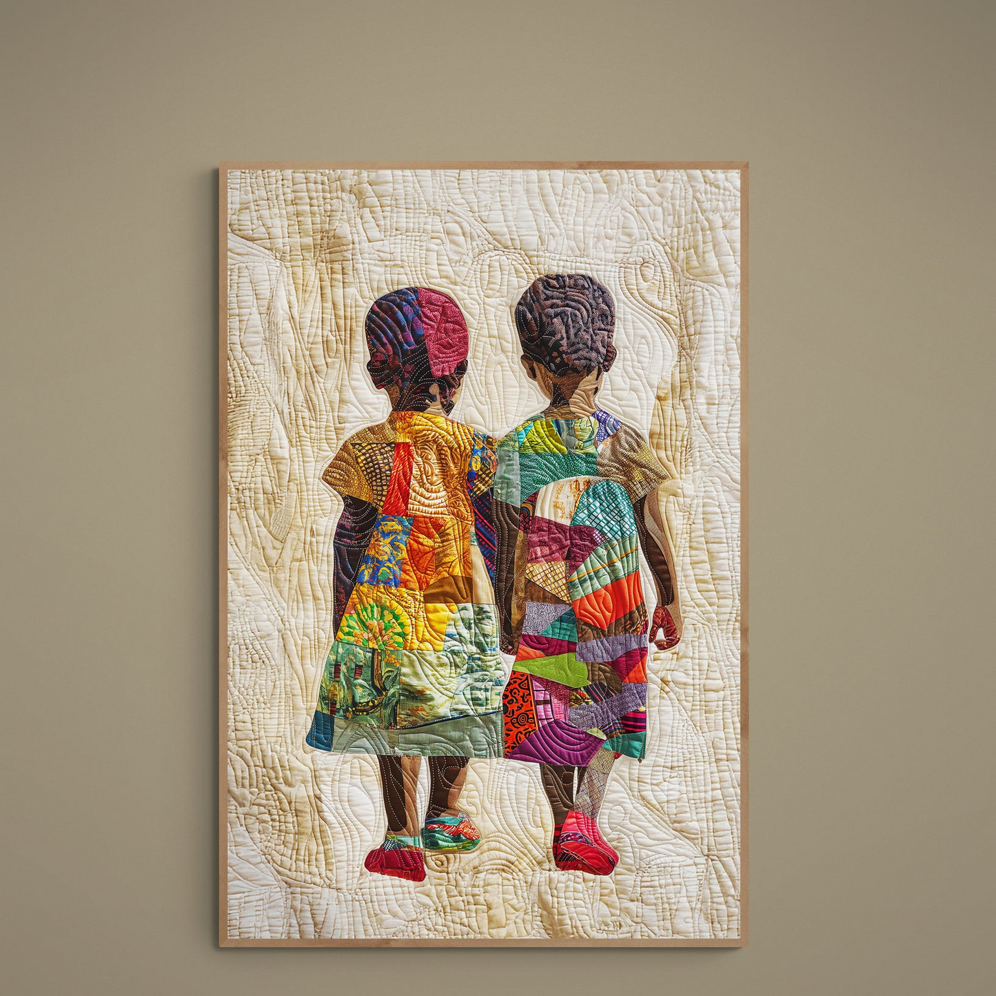 Patchwork portrait poster of two girls from behind on beige ground with multicolor quilt patterns