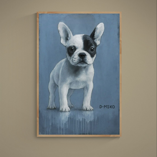 Realistic French bulldog portrait on muted blue background, unframed matte paper poster signed D-MSKO