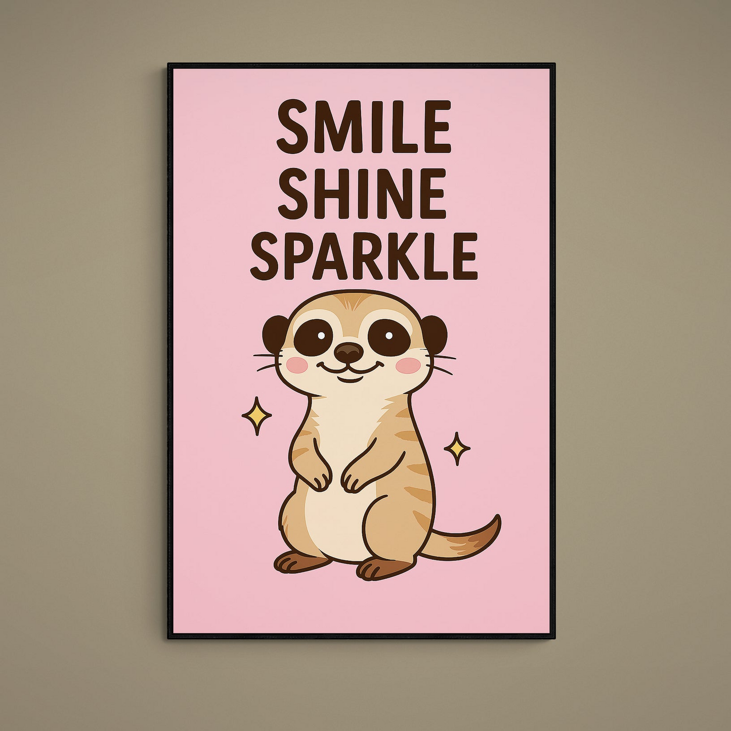 Pink poster with kawaii meerkat and bold Smile Shine Sparkle typography with yellow sparkles