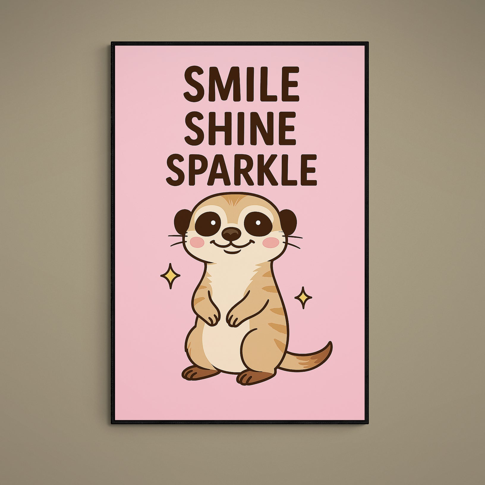 Pink poster with kawaii meerkat and bold Smile Shine Sparkle typography with yellow sparkles