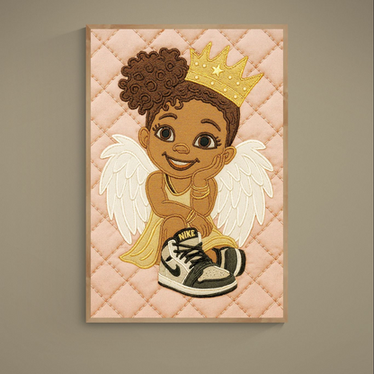 Smiling crowned child angel with white wings and sneaker on pink quilted background