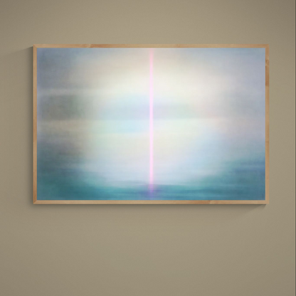 Minimalist abstract seascape poster with blue green fields, gray mist tones, and a central vertical pink beam
