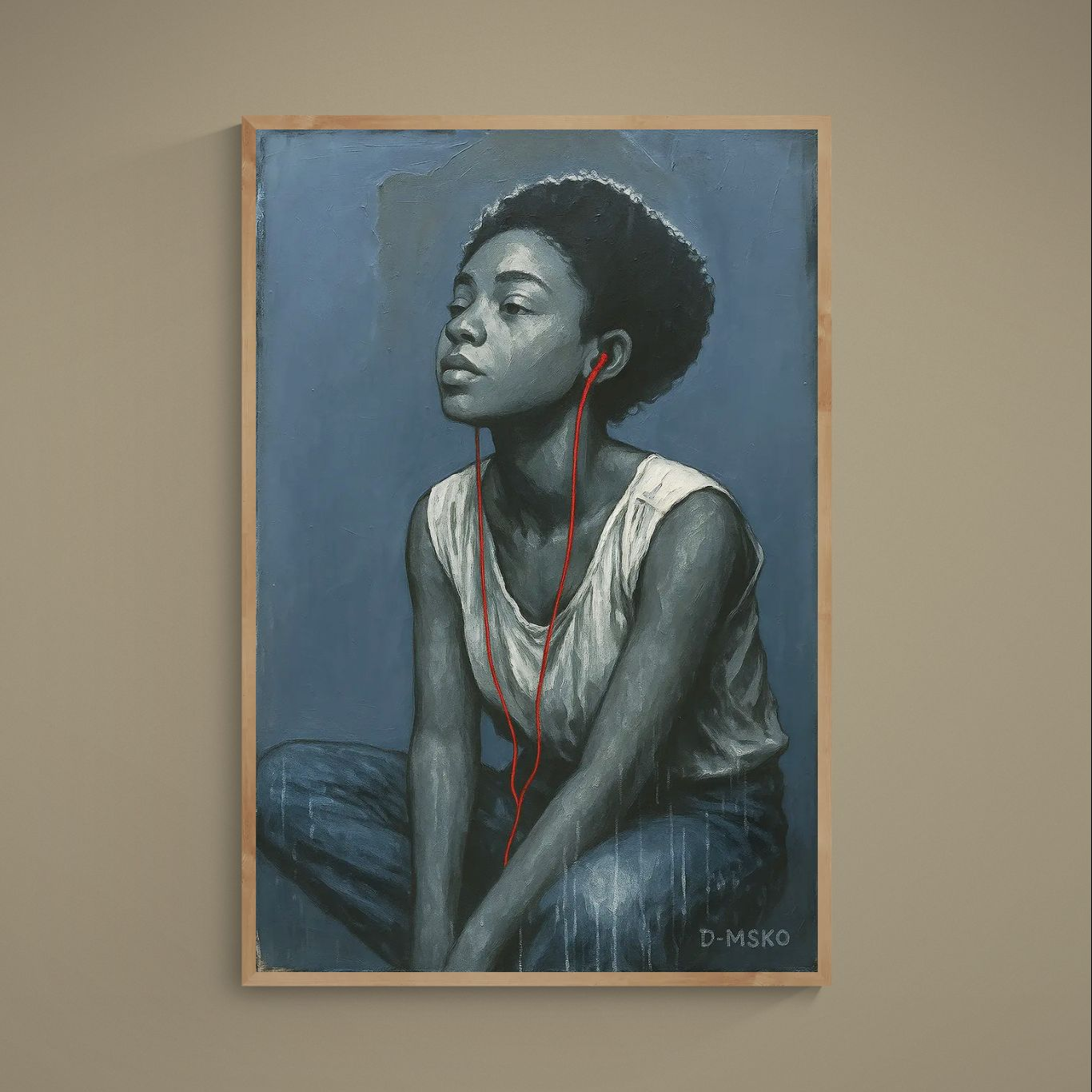 Blue-gray portrait poster of seated woman listening to music with red earphone cord