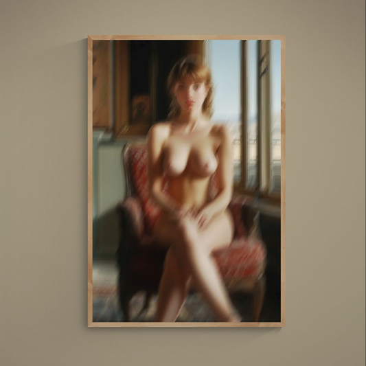 Soft-focus seated nude figure on burgundy chair with blue window backdrop as a vertical matte poster