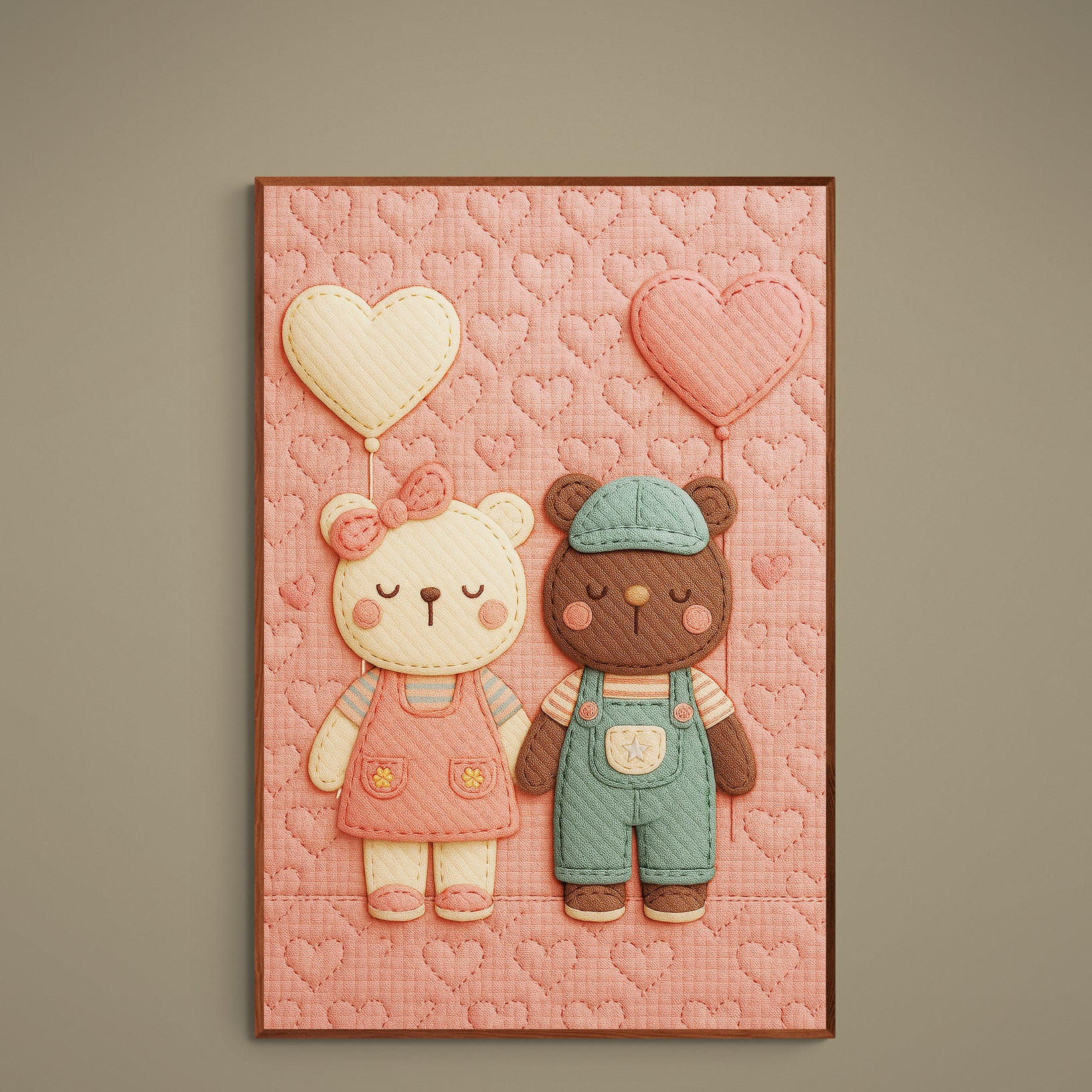 Two stitched teddy bears with heart balloons on a pastel quilted heart background