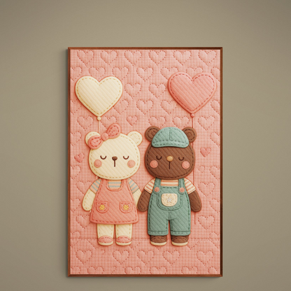 Two stitched teddy bears with heart balloons on a pastel quilted heart background