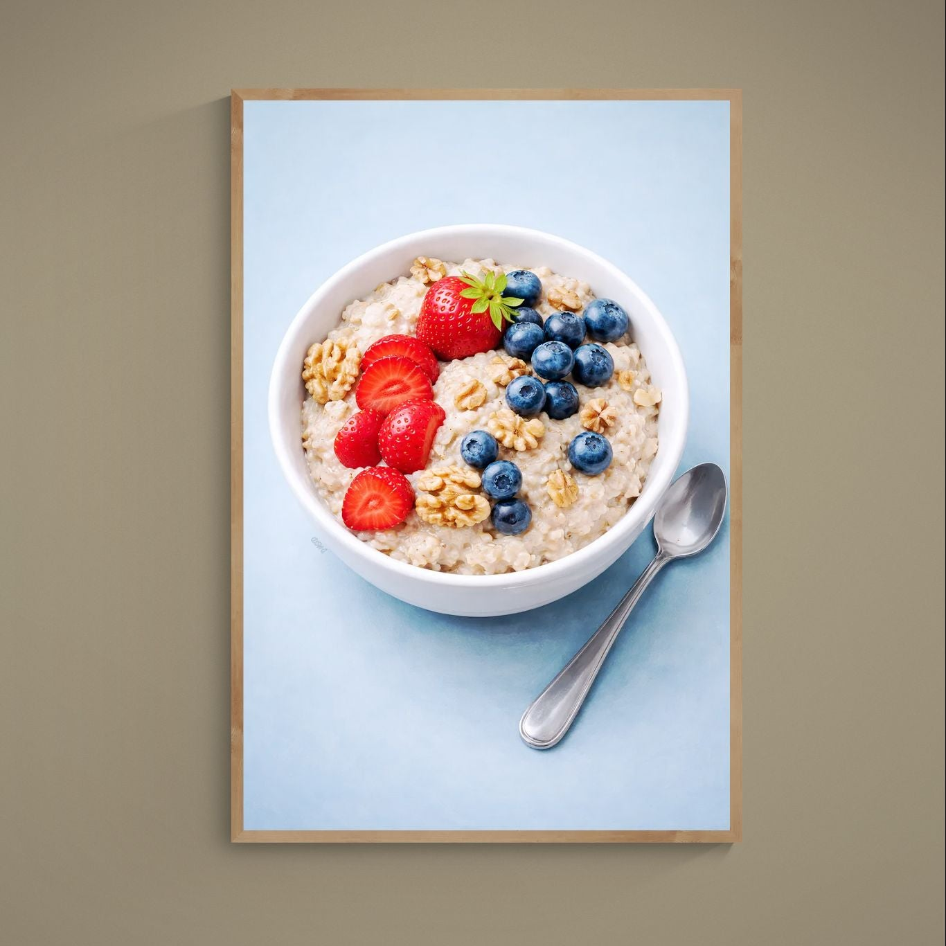Photorealistic oatmeal bowl with strawberries, blueberries, walnuts and spoon on soft blue background