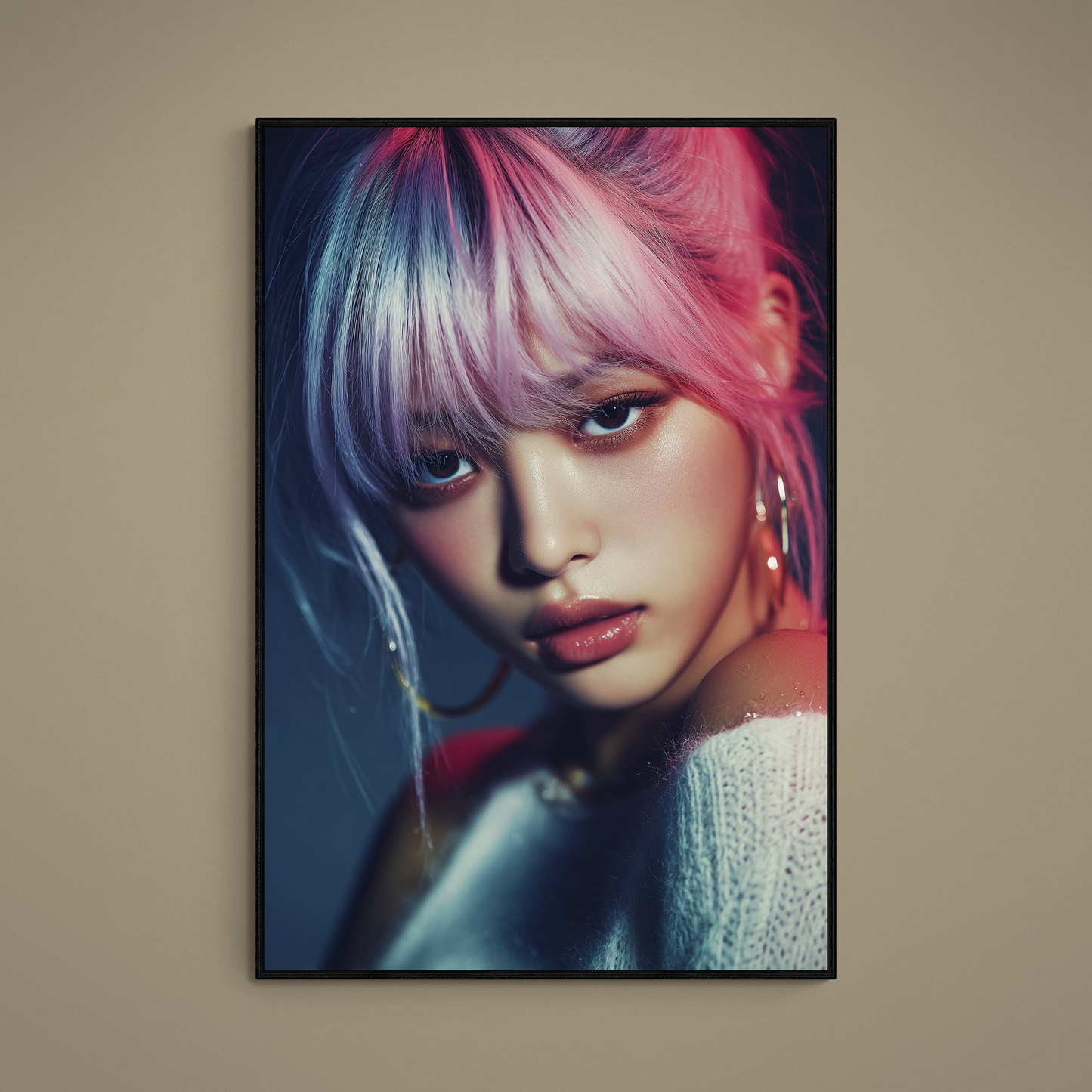 Close-up fashion portrait poster with neon pink and purple hair, glossy lips, and cinematic shadows