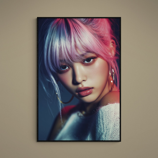 Close-up fashion portrait poster with neon pink and purple hair, glossy lips, and cinematic shadows