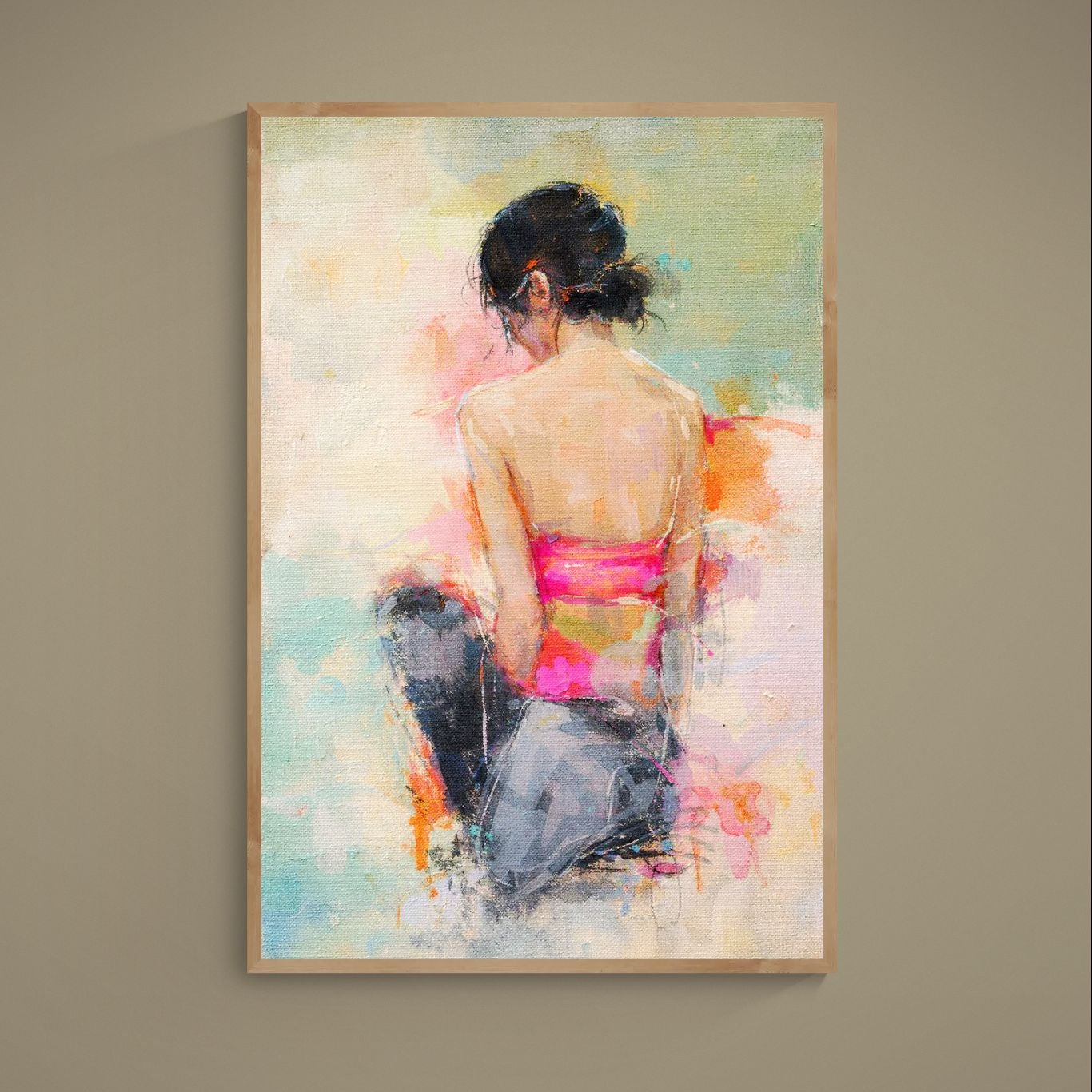 Impressionist paper poster of a back-turned woman in pastel tones, vertical, unframed matte finish, bedroom wall decor