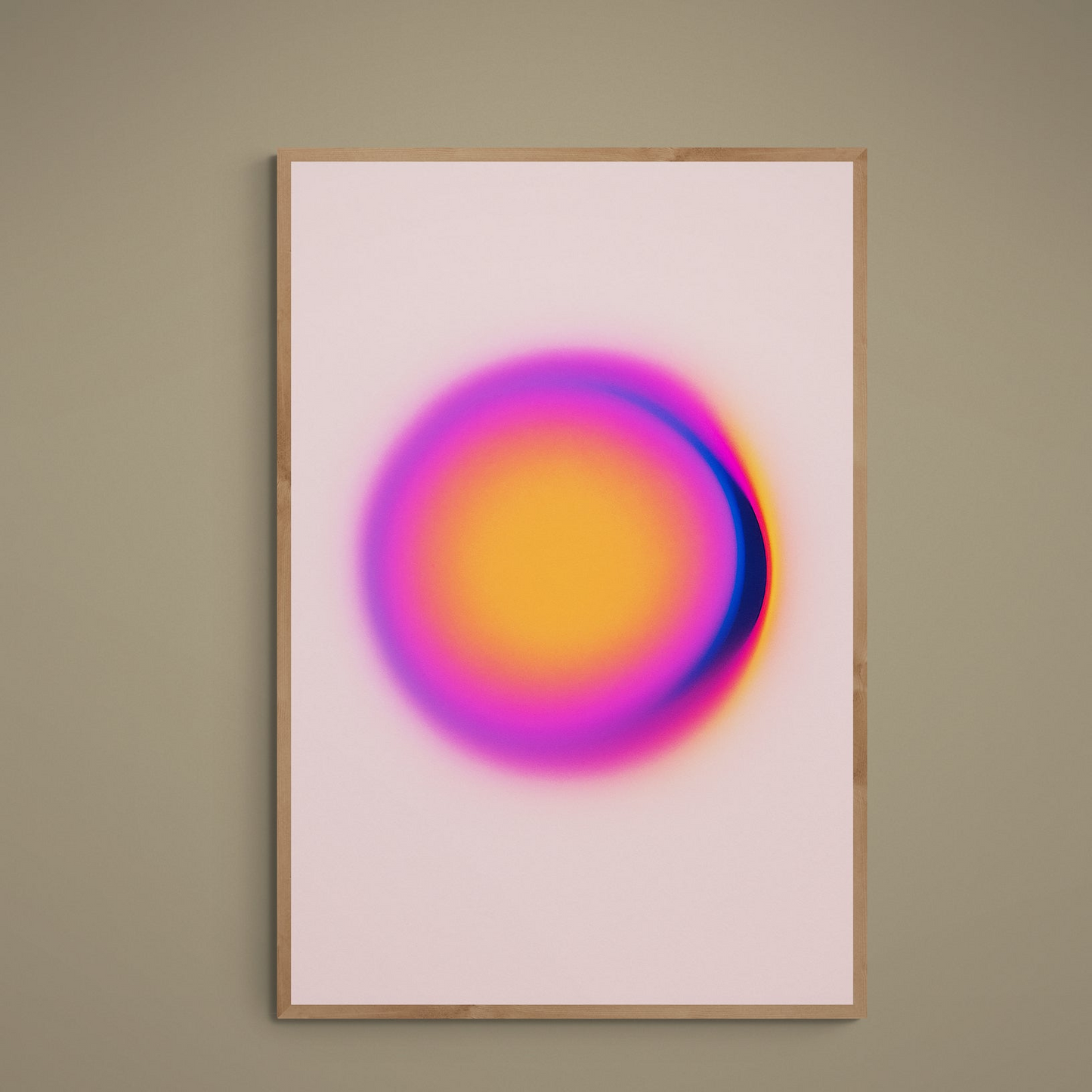 Abstract matte poster with glowing orange orb and magenta purple blue halo on pale pink background