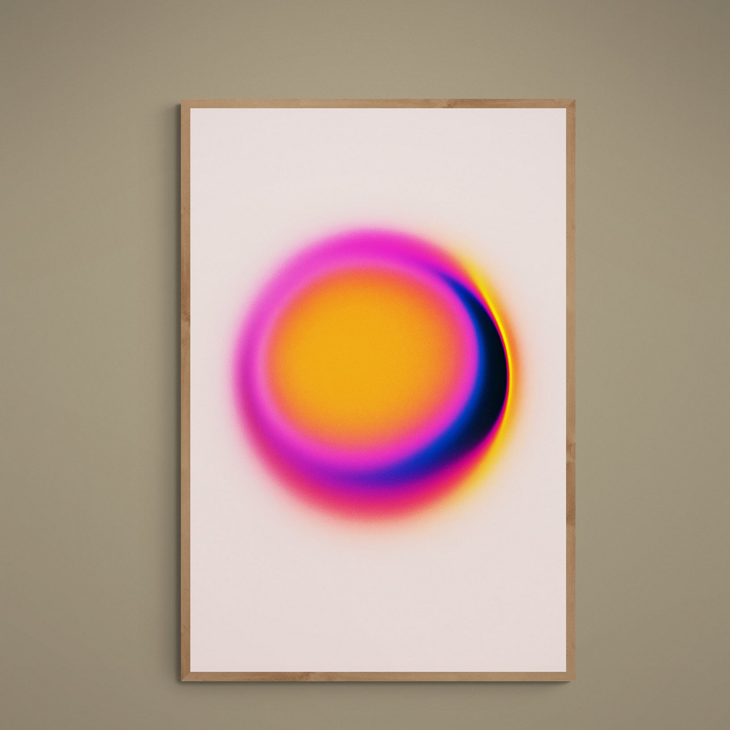 Abstract poster with glowing orange pink purple blue orb, concentric rings and crescent shadow on cream background
