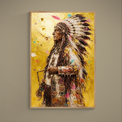 Full-figure Native American chief portrait in feather war bonnet on textured gold background