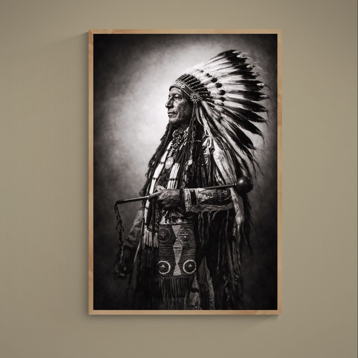 Black-and-white portrait of an Indigenous Plains leader in feather warbonnet and ceremonial regalia