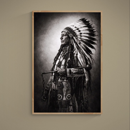 Black-and-white portrait of an Indigenous Plains leader in feather warbonnet and ceremonial regalia