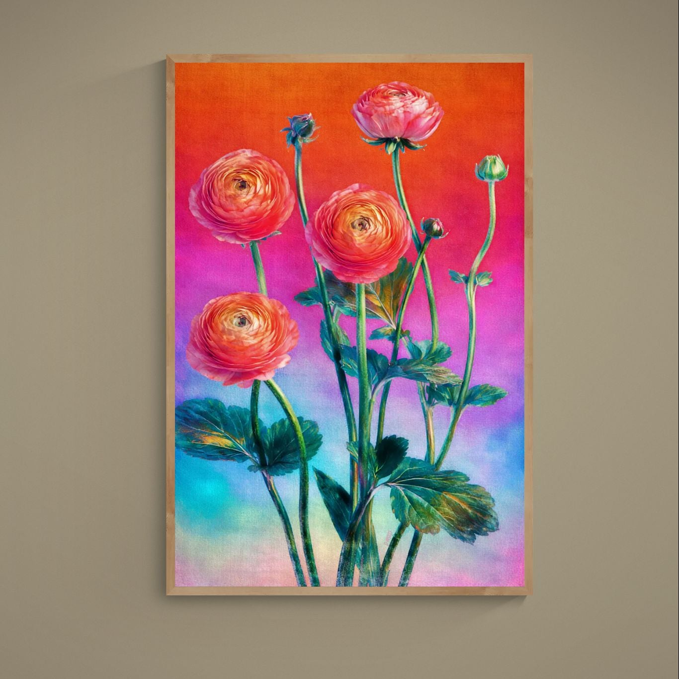Photorealistic red and pink ranunculus flowers on a turquoise orange purple gradient poster