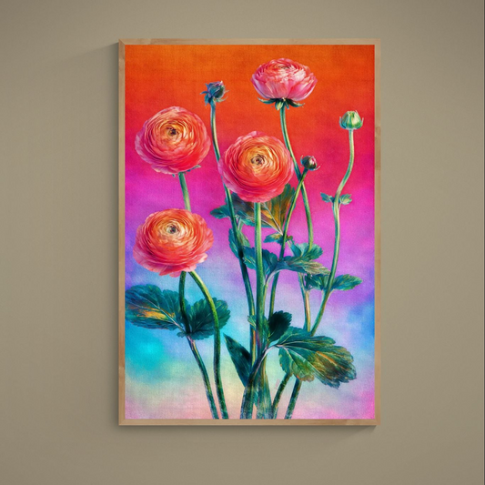 Photorealistic red and pink ranunculus flowers on a turquoise orange purple gradient poster