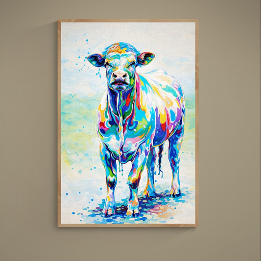 Colorful pop art cow poster with bold brushstrokes, paint drips, and multicolor blocks