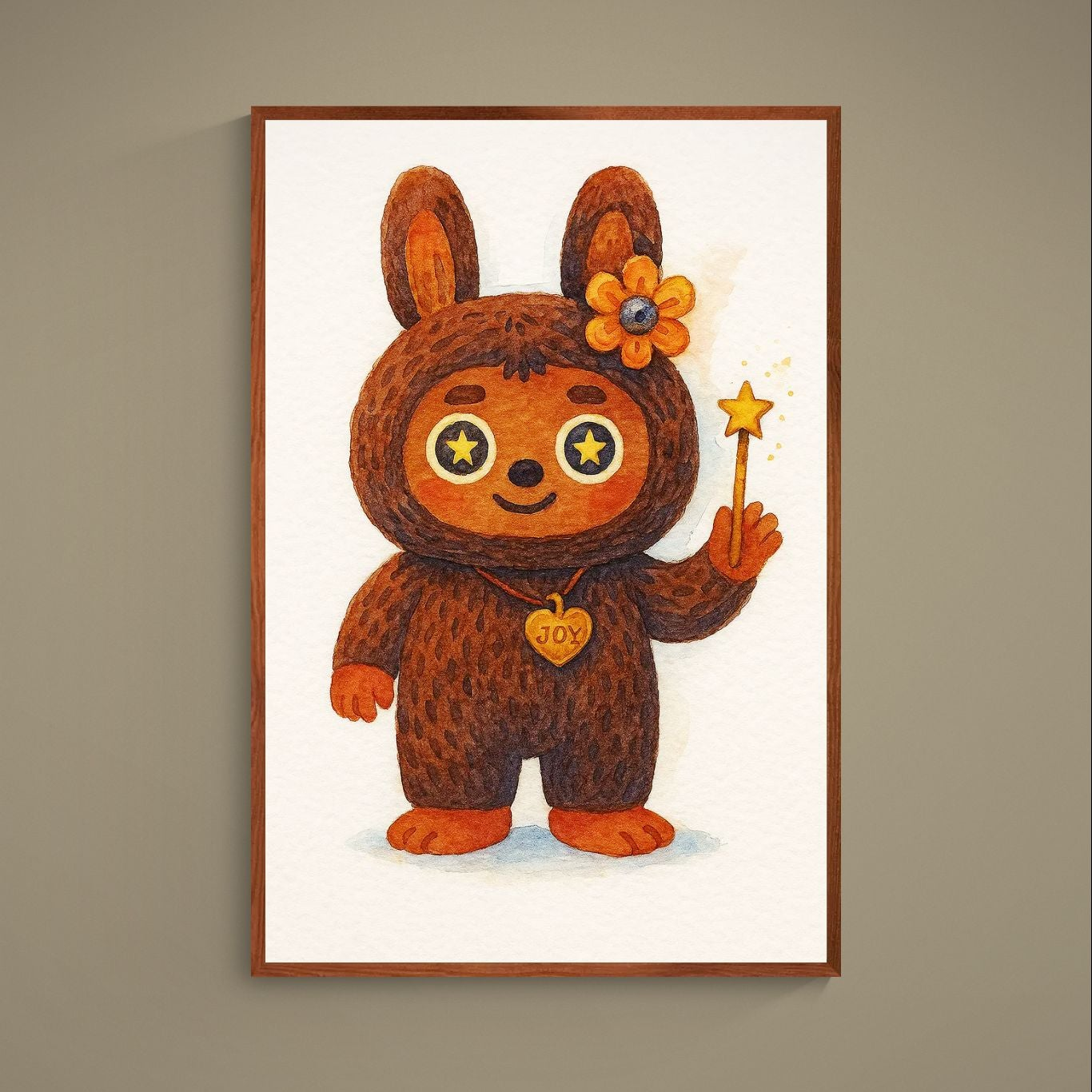 Kawaii watercolor brown bear poster with star eyes, magic wand, and JOY heart pendant on cream background
