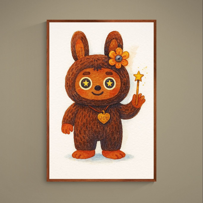 Kawaii watercolor brown bear poster with star eyes, magic wand, and JOY heart pendant on cream background