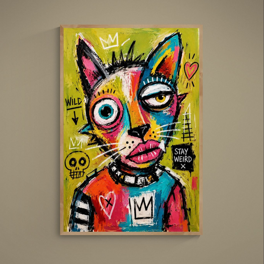 Pop art cat portrait poster with graffiti crown, bold colors, vertical street art print reading 'STAY WEIRD'