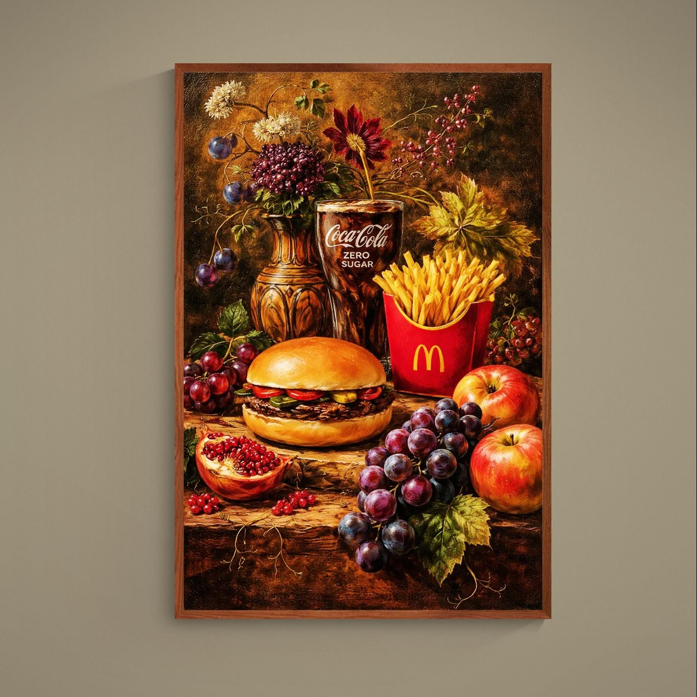 Baroque still life poster with McDonald's fries, Coca-Cola Zero, burger, fruit and flowers