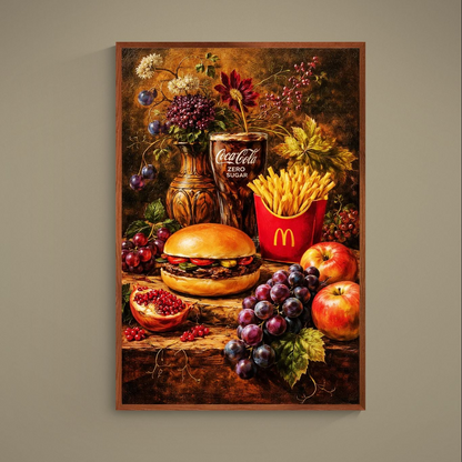 Baroque still life poster with McDonald's fries, Coca-Cola Zero, burger, fruit and flowers