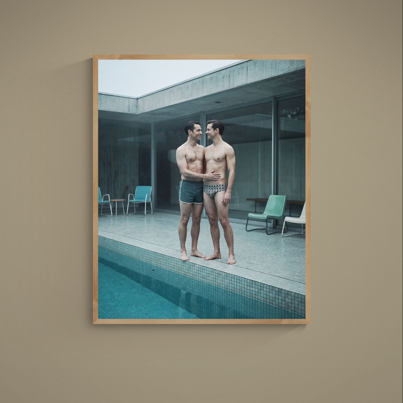 Two shirtless figures embracing by a turquoise pool beside modern concrete and glass architecture