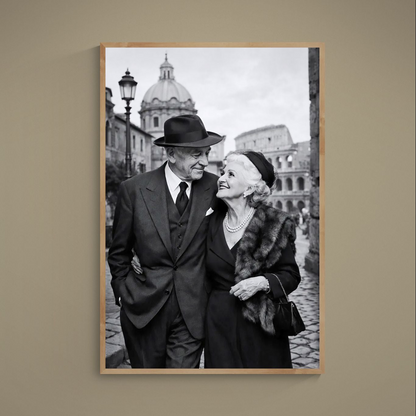 Black and white poster of elderly couple arm-in-arm in Rome with Colosseum behind them