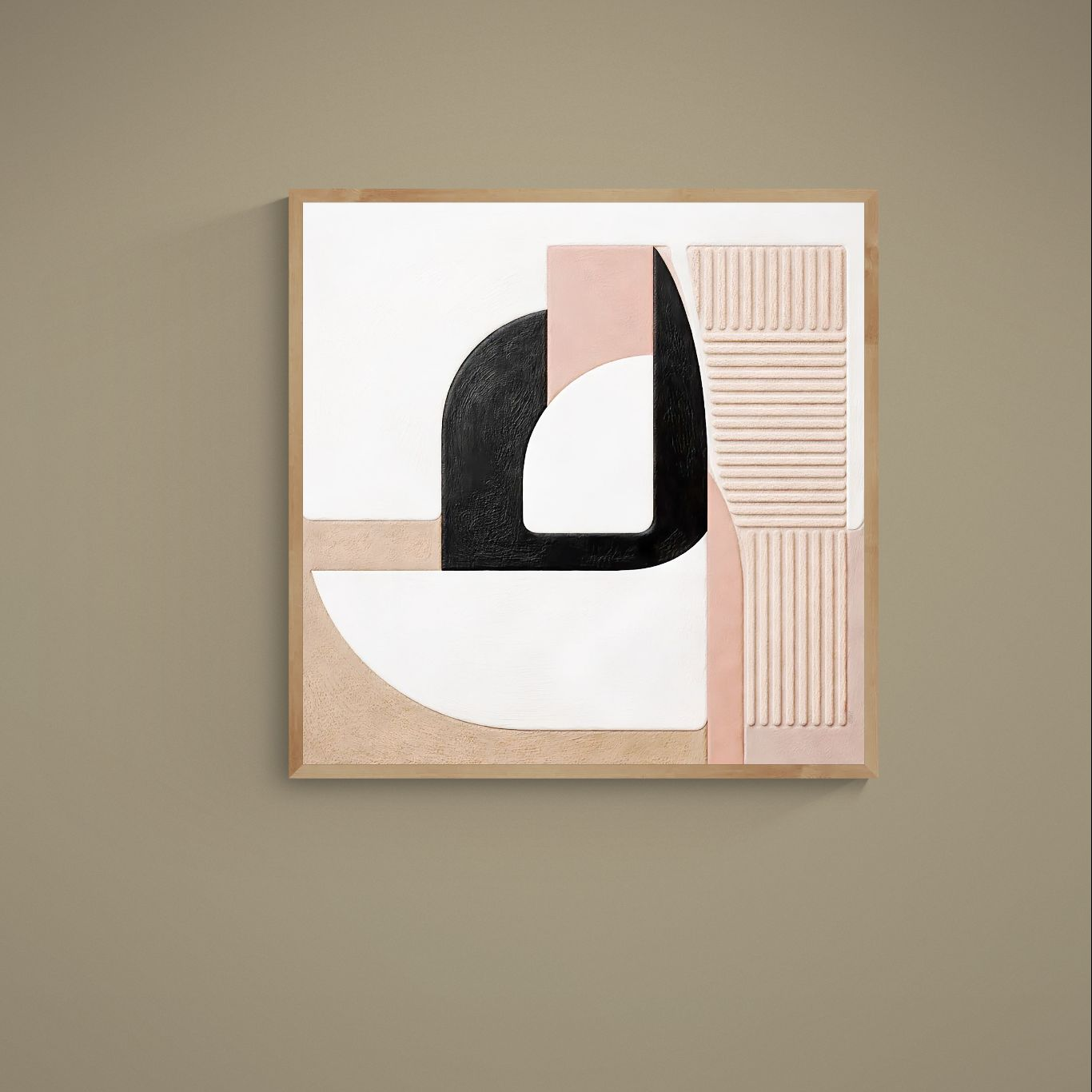 Square abstract poster with beige, black, white and dusty pink geometric shapes and ribbed texture effect