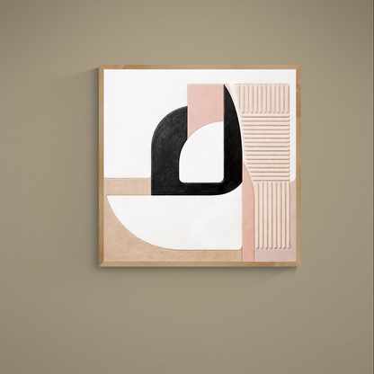 Square abstract poster with beige, black, white and dusty pink geometric shapes and ribbed texture effect