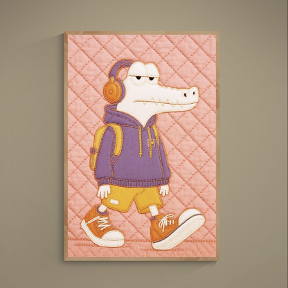 Crocodile in purple hoodie with headphones on pink quilted background, matte poster art