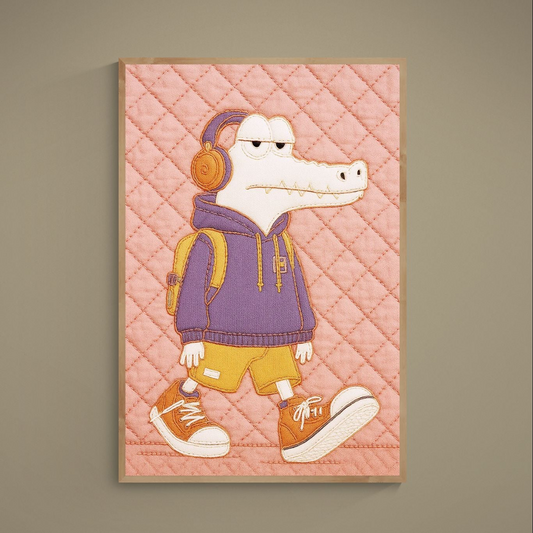 Crocodile in purple hoodie with headphones on pink quilted background, matte poster art