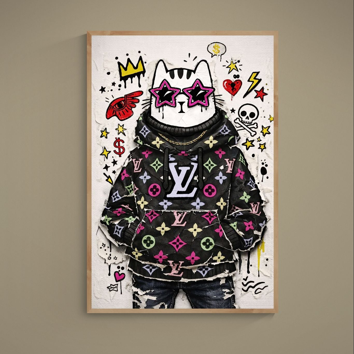 White cat in black monogram hoodie with pink star sunglasses, gold chain, graffiti icons and paint drips