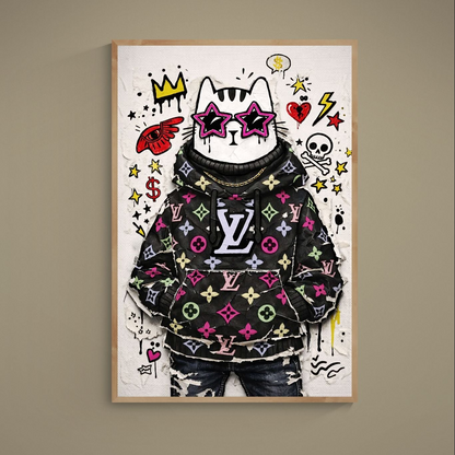 White cat in black monogram hoodie with pink star sunglasses, gold chain, graffiti icons and paint drips