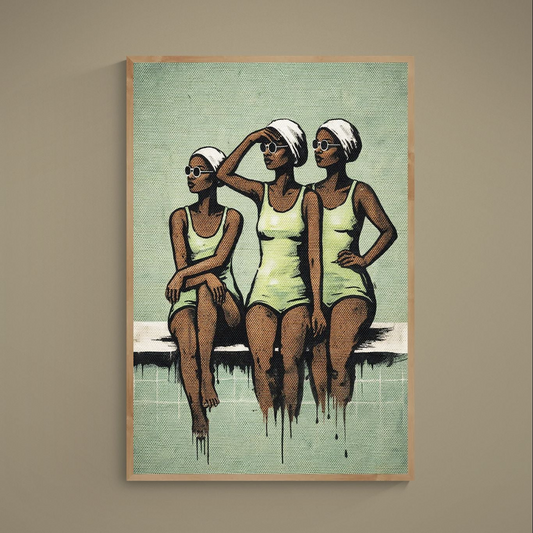 Three swimmers in mint green suits with white swim caps on a retro pop art matte poster