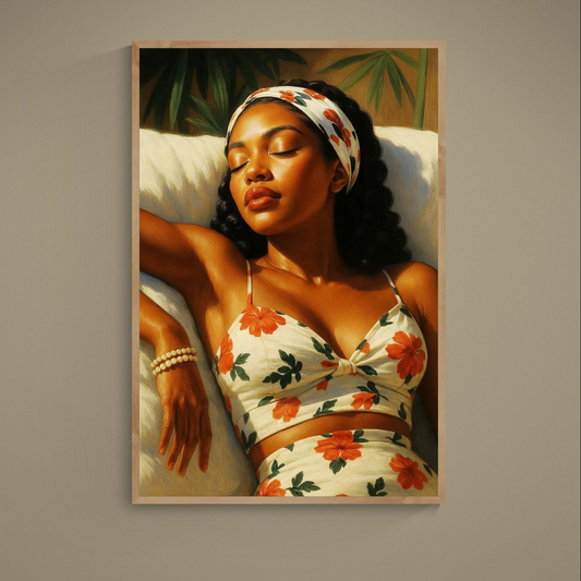Photorealistic reclining woman in floral outfit and headband with pearl bracelet in warm golden light
