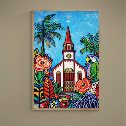 Colorful Suriname church poster with palms, oversized flowers, parrot and bold black outlines