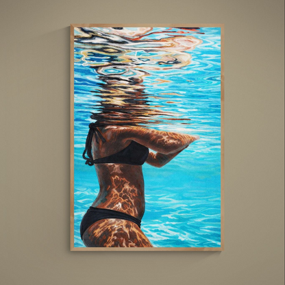 Abstract realist poster of a woman partly submerged in blue turquoise water with sunlight reflections