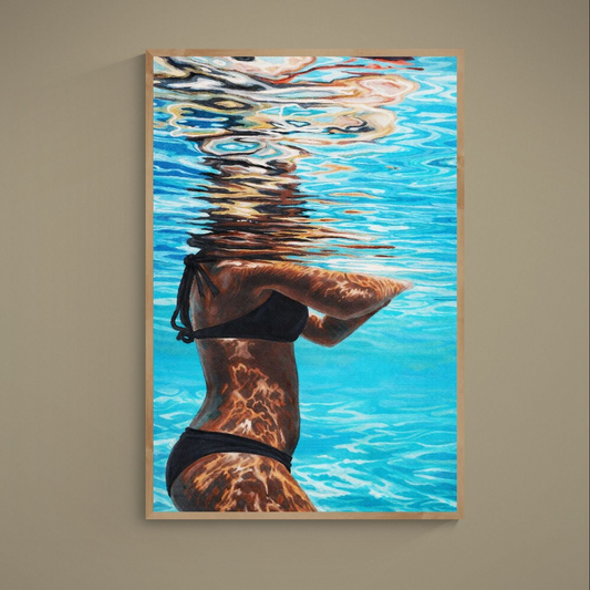 Abstract realist poster of a woman partly submerged in blue turquoise water with sunlight reflections
