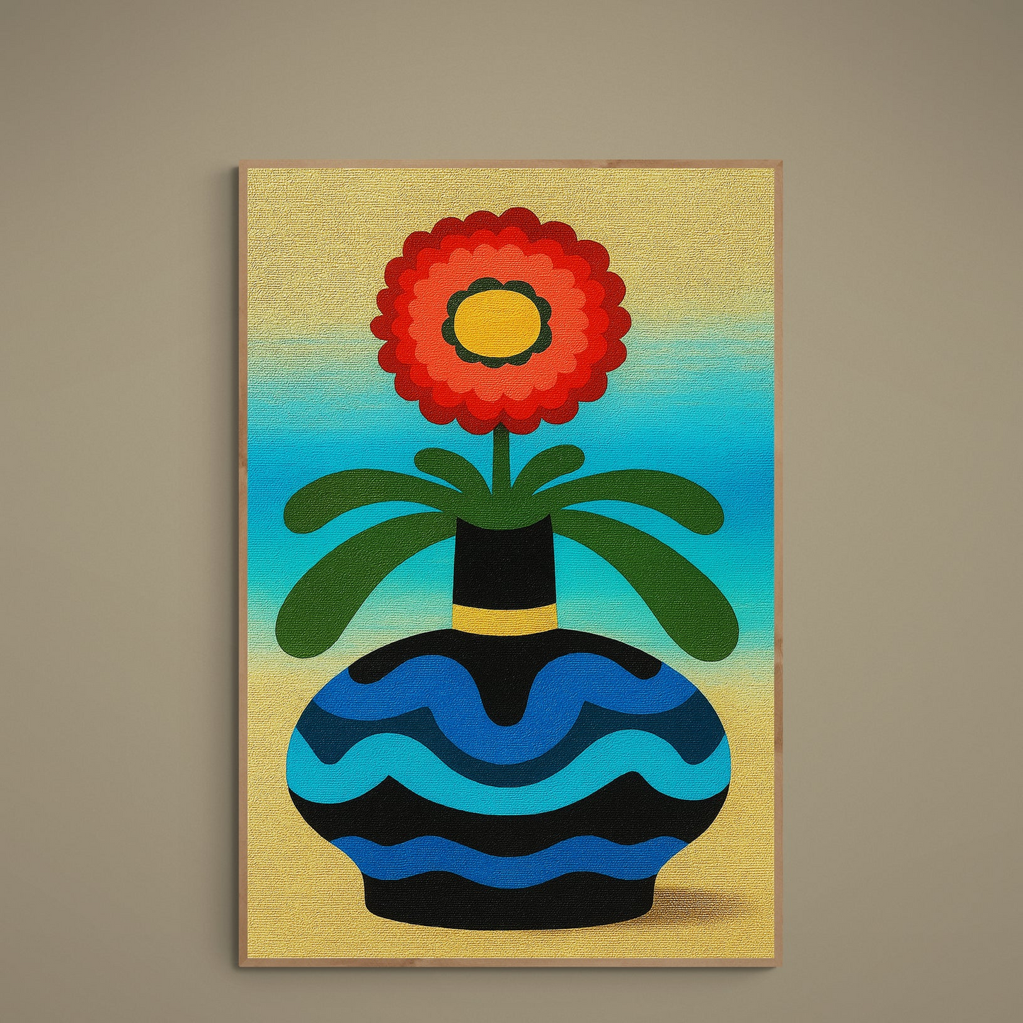 Abstract red blossom in a turquoise patterned vase on a beige-to-blue background