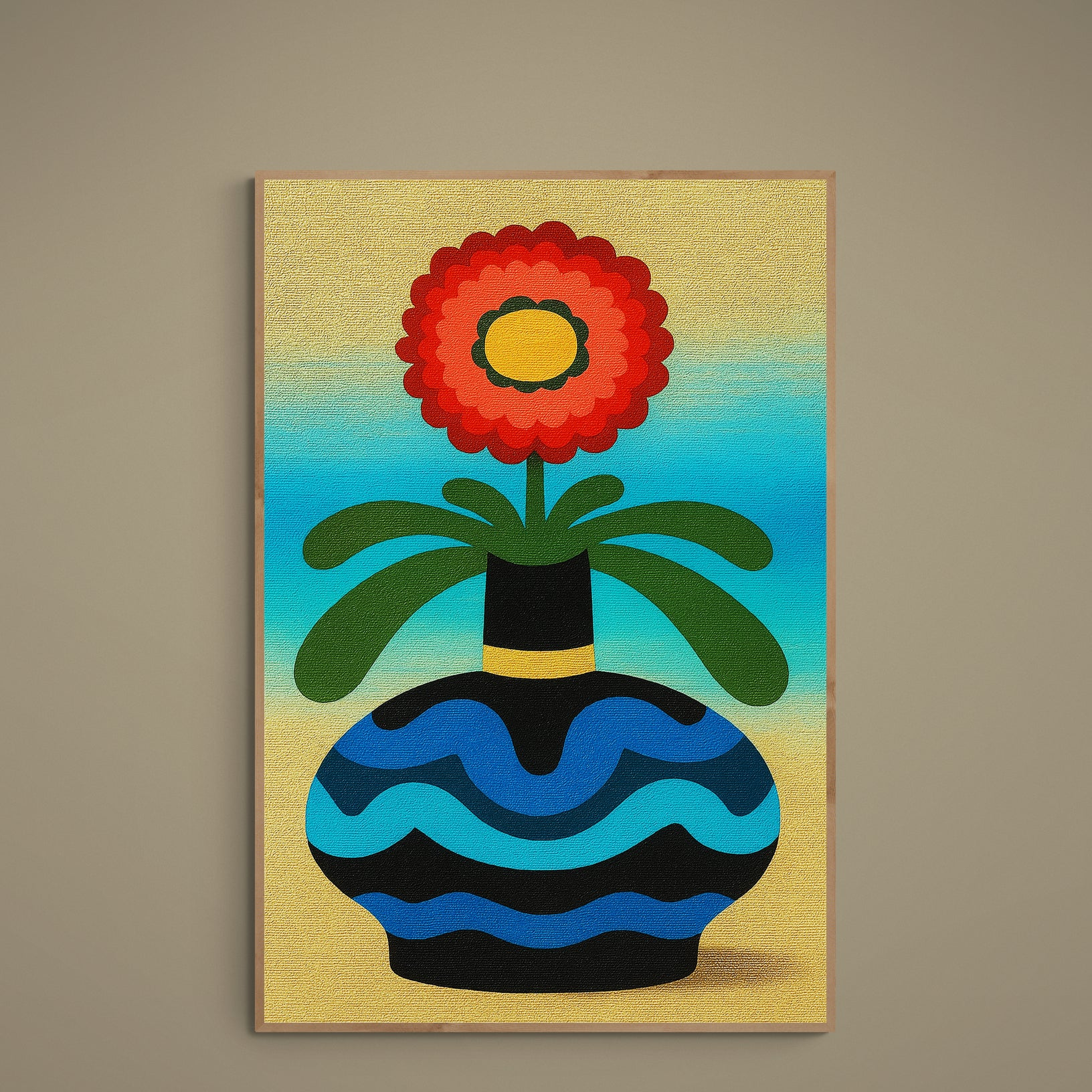 Abstract red blossom in a turquoise patterned vase on a beige-to-blue background