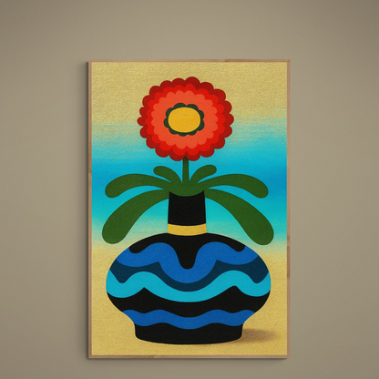 Abstract red blossom in a turquoise patterned vase on a beige-to-blue background