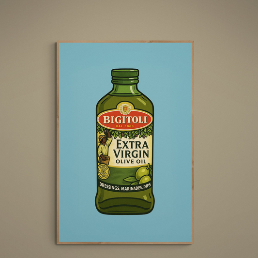 Pop art olive oil bottle poster with Bigitoli label on blue background